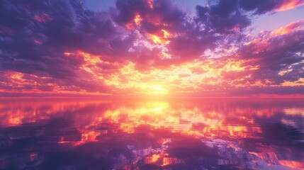 Fototapeta premium A dramatic sky at sunset with clouds glowing in warm hues of orange and purple, casting reflections on the endless ocean below