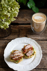 Draniki with turkey, tomato and pesto sauce	
