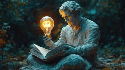 Stone Statue with Book and Light Bulb Representing Intellectual Growth and Innovation