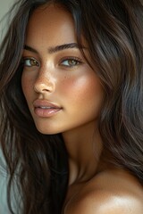 Obraz premium Portrait of a young woman with long hair and natural soft makeup