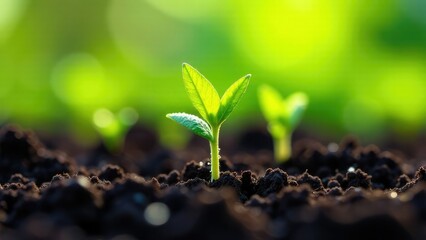 Fototapeta premium Small first green shoots break through the soil on a sunny spring day. Symbol of beginning, growth, spring awakening