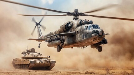 Military Helicopter and Tank in Action