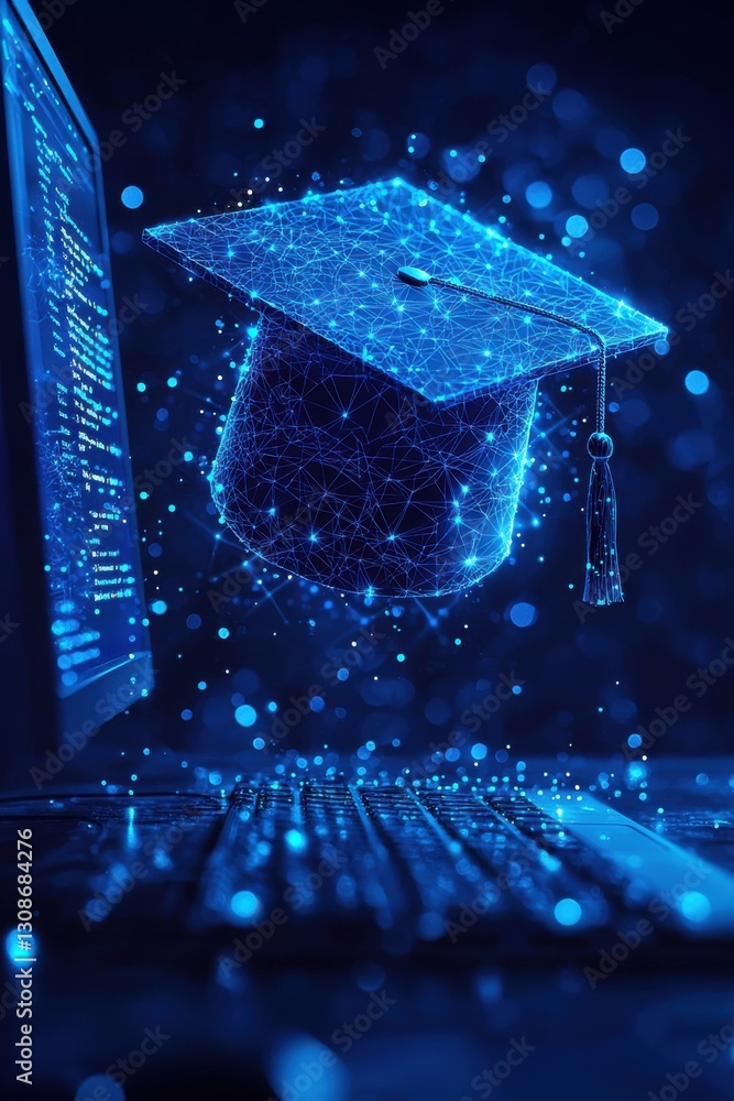Poster digital learning concept featuring a computer and a neon graduation cap