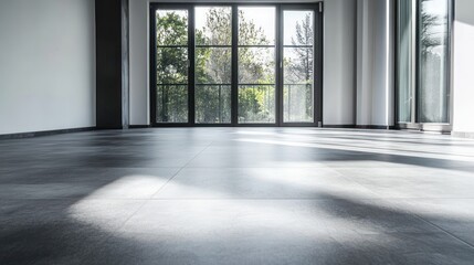 Empty room with large windows overlooking a garden. Sunlight streams across the gray tiled floor.