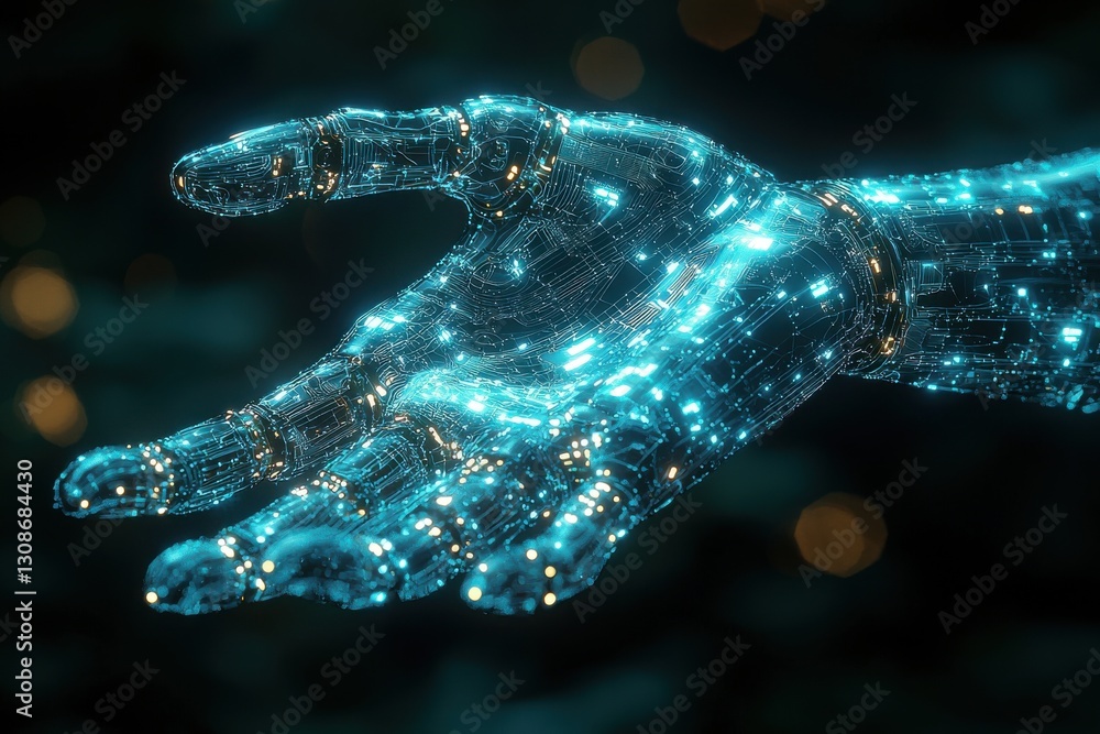 Poster futuristic digital rendering of a glowing technological network hand
