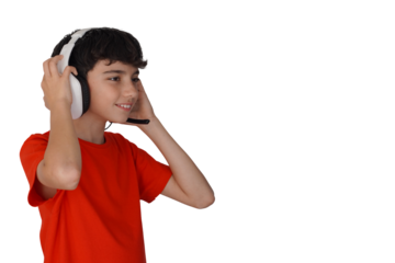 png, transparent background, isolated preteen with headphones and microphone for video games.