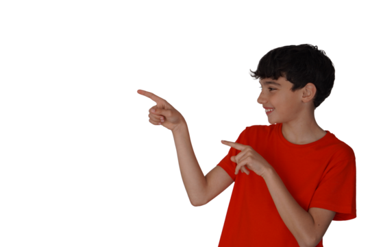 png, transparent background, isolated happy teenage boy pointing with both hands to one side. red t-shirt and white background.