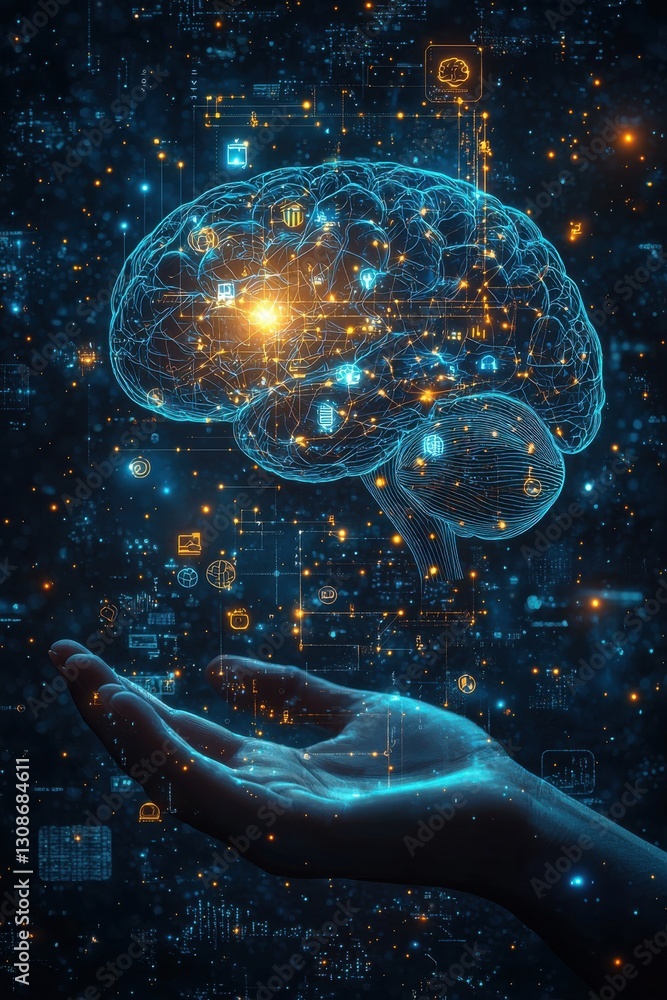 Poster futuristic digital representation of an ai neural interface with glowing details