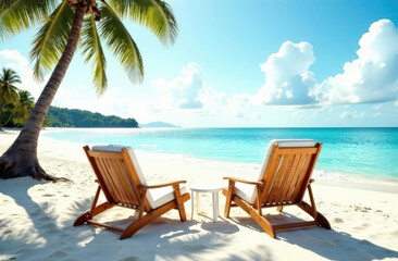 Tropical paradise beach with palm trees and wooden chairs by the ocean