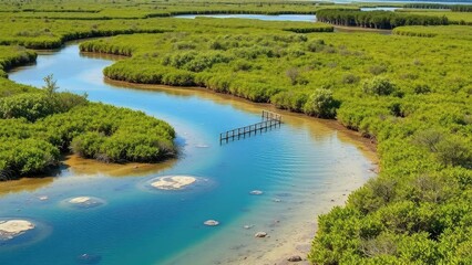 Fototapeta premium Coastal wetland with dense vegetation and saltwater, coastal, environment, nature