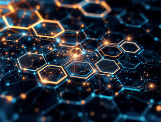 Digital honeycomb structure with interconnected cells, symbolizing efficiency, teamwork, and the hive mind concept.