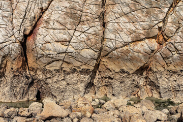 Arnia beach rock formations background in the Costa Quebrada geological park in Cantabria, Spain.