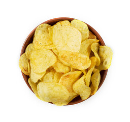 Potato chips in a wooden bowl isolated on white background with clipping path