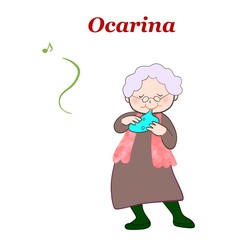 シニアが楽しそうにオカリナを吹いているイラスト