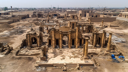 Ruins of the ancient city : Witness the remnants of a once-majestic ancient city, its structures ravaged by time and conflict. This aerial view offers a stark perspective on history.