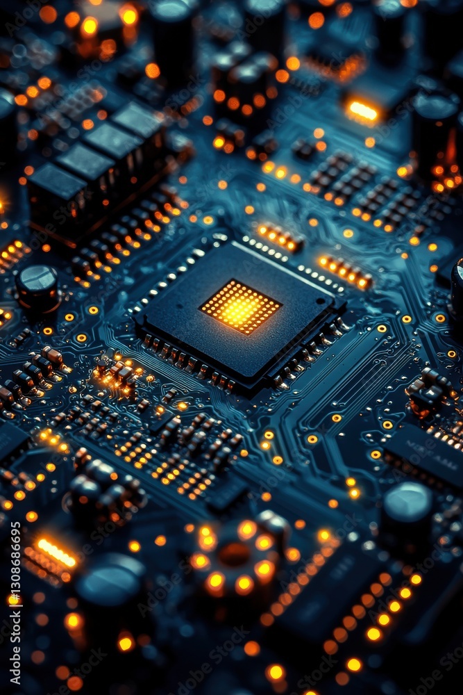 Poster close-up of a computer circuit board with glowing elements