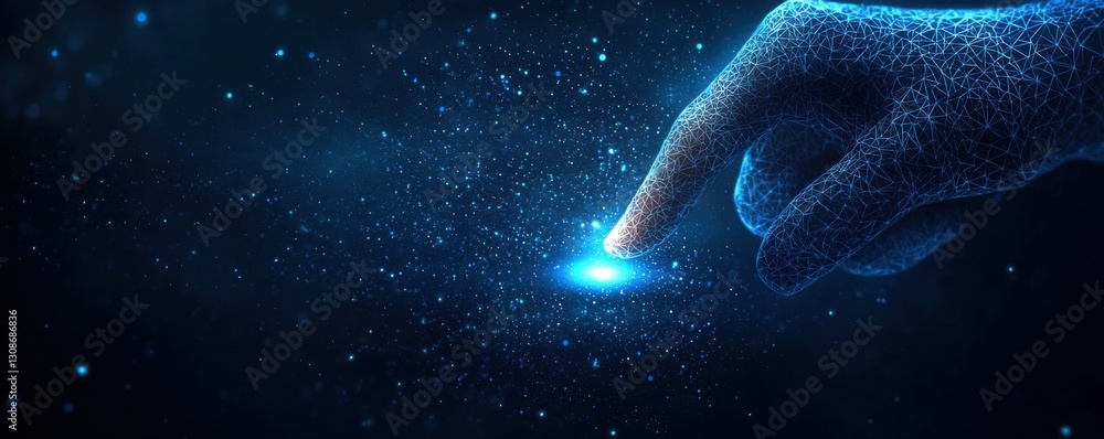 Poster digital hand touching illuminated button in futuristic technology concept