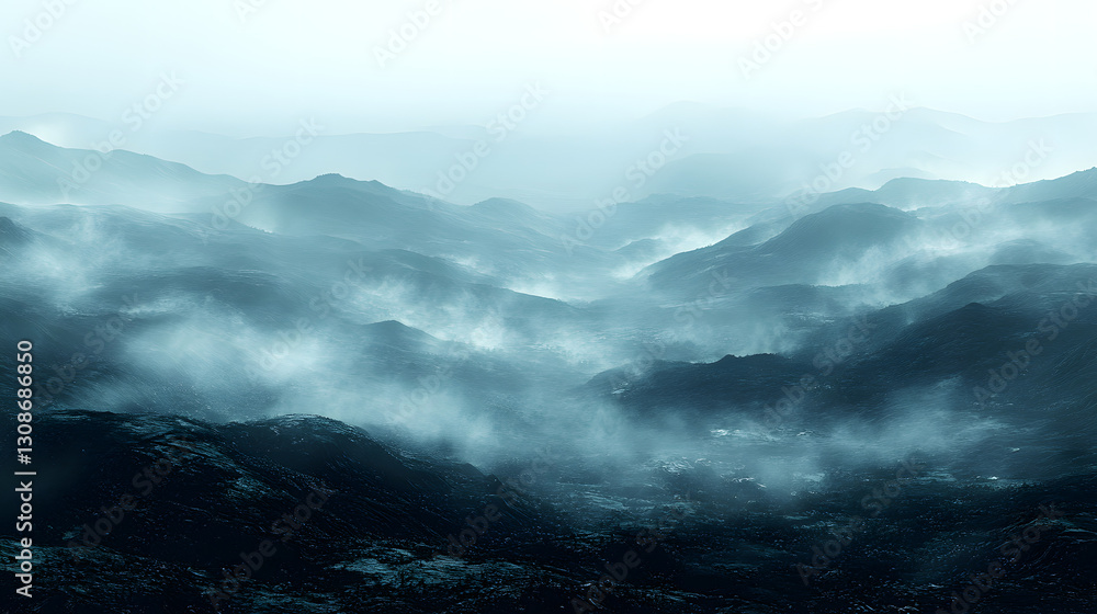 Poster mystical mountainscape: an ethereal mountain range shrouded in a layer of mist. creating a dreamlike