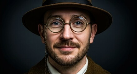 A man wearing a hat and glasses with a smile on his face. He is wearing a chain around his neck