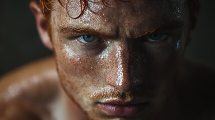 Intense close-up of sweaty, freckled caucasian male with focused expression