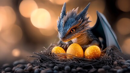 A majestic dragon guarding a nest of glowing Easter eggs. ultra-realistic, photo-realistic, highly detailed, 