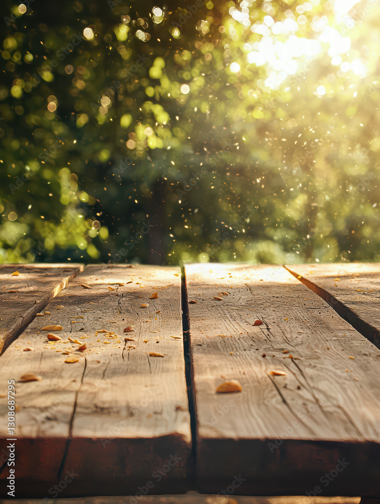 Poster picnic table scene: a weathered wooden picnic table stands in sharp focus, bathed in the warm glow o