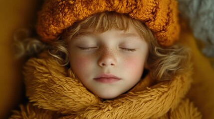 Peaceful caucasian child with curly hair sleeping in cozy orange sweater and hat