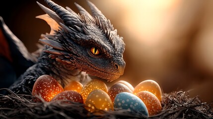Obraz premium A majestic dragon guarding a nest of glowing Easter eggs. ultra-realistic, photo-realistic, highly detailed, 