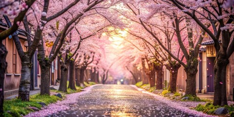 Softly falling sakura petals create a serene atmosphere in a tranquil alleyway, floral pathway, blossom trees