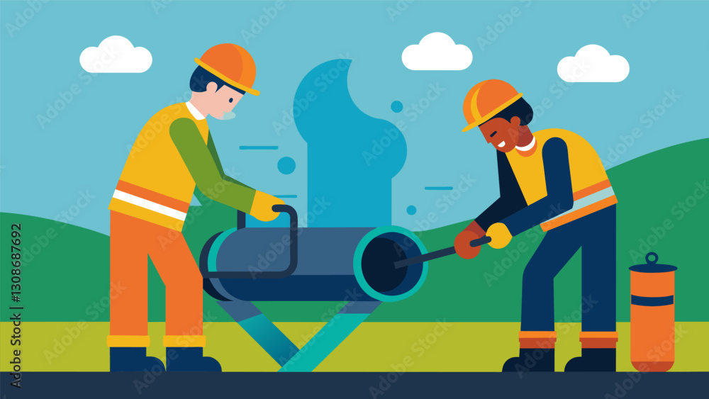 Poster two workers welding pipes together to create a new section of pipeline at the natural gas extraction