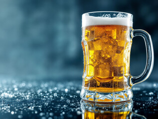 Close up of a chilled beer mug covered in condensation, placed on a reflective surface with a blurred background and copy space.