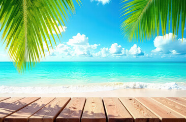 Tropical paradise beach with clear blue water and palm leaves under a bright sky