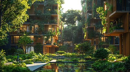 Obraz premium Lush Greenery Envelops Modern Eco Friendly Apartment Buildings Tranquil Courtyard Oasis