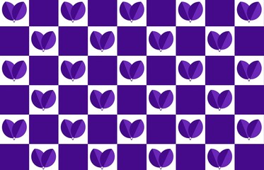 Purple geometric background. Purple pattern with leaves, square, tile, chessboard, tulip, heart, flower, ornament, chekered design for fabric, textile, wallpaper, wrapping paper, banner, card