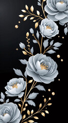 Gorgeous Gray and Gold Peony and Rose Flower Design on Dark Matte Black Background for Wedding Greeting Card Design Floral Botanical invitation or Wallpaper Design