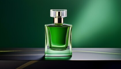 bottle of perfume on green background