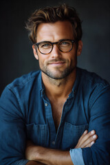 Obraz premium portrait of a handsome man in a blue shirt and glasses,