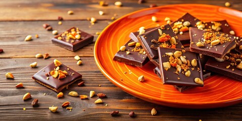 Dark brown chocolate pieces scattered on a vibrant orange plate with crispy peanut flakes, creating a colorful and sweet dessert scene