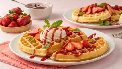 Two large, golden waffles topped with a layer of fresh strawberry slices and a dollop of whipped cream.