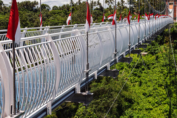 Close-up of a glass suspension bridge with metal railings and Indonesian flags, spanning a deep...