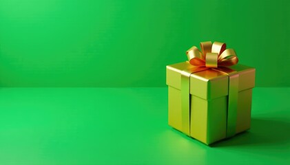 Green rectangular background with a shiny golden gift on top, wrapped gift, gift box