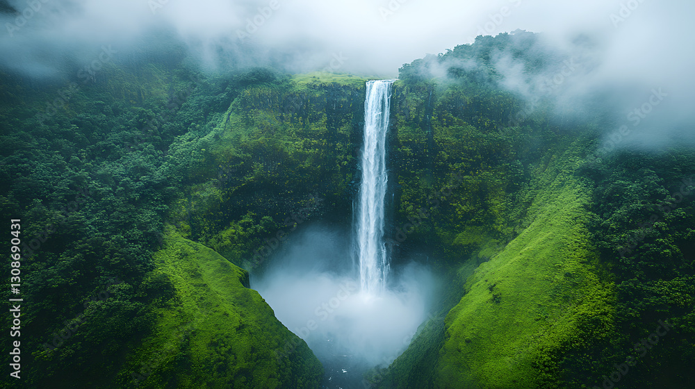 Poster cascading majesty: captivating view of waterfall cascading down a cliff, enveloped by misty clouds a
