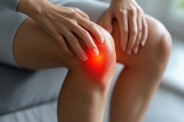Fototapeta premium Close-up of a woman gripping her knee in pain, with a red glow indicating inflammation or injury, symbolizing joint pain and discomfort. 