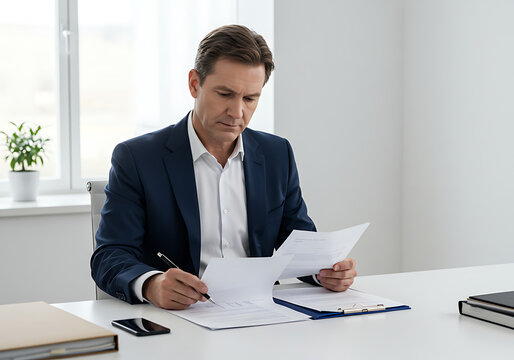 Un ejecutivo de hombre de mediana edad que est&aacute; revisando los documentos en la oficina.