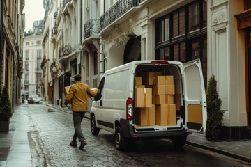 Selbstklebende Fototapeten Courier unloading packages in a narrow city street during daylight hours Generative AI © Olha