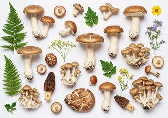 Vibrant mushroom and wildflower flatlay. AI Generated