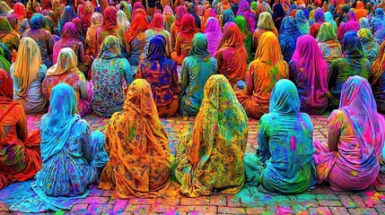 Vibrant Gathering of Women Celebrating with Colorful Powder