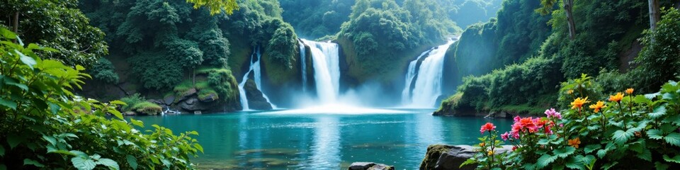 A beautiful waterfall surrounded by lush green trees and a serene lake