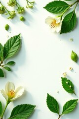 Leafy greens scattered on white with subtle shadows, flora, flowers