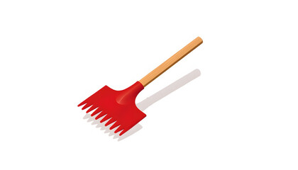 Vector rake: red rake with wooden handle, isometric view on white background.